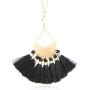 RIAH FASHION Bohemian Fringe Tassel Pendant Statement Necklace - Silky Strand Semi Circle Fan Thread, Pearl Turquoise Charm Delicate Long Chain