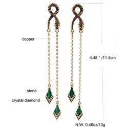 Vintage Green Rhinestone Long Drop Snake Earrings Studs