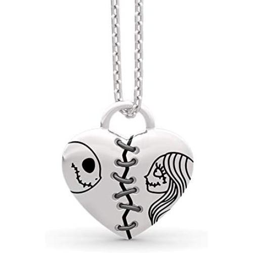 Jeulia Jack Skellington and Sally Necklace 925 Sterling Silver “ The nightmare before Chirstmas” Pendant Necklace Jack Skellington Halloween Jewelry Romantic Jewelry Gift