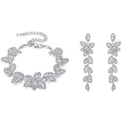 BriLove Womens Wedding Bridal Crystal Multi Marquise-Shape Leaf Tennis Bracelet Dangle Earrings Set