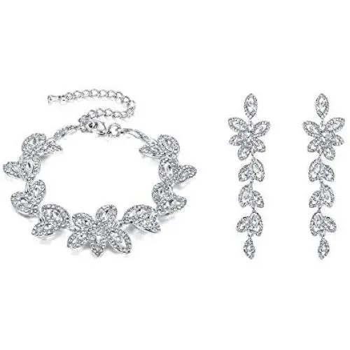 BriLove Womens Wedding Bridal Crystal Multi Marquise-Shape Leaf Tennis Bracelet Dangle Earrings Set BriLove Womens Wedding Bridal Crystal Multi Marquise-Shape Leaf Tennis Bracelet Dangle Earrings Set