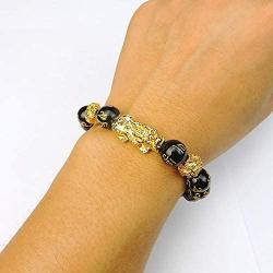 WAINIS Feng Shui PiXiu/Pi Yao Bracelet Black Obsidian Attract Wealth Jewelry for Men Women Chinese Dragon Good Luck 12mm Hand Carved Mantra Bead Bracelet