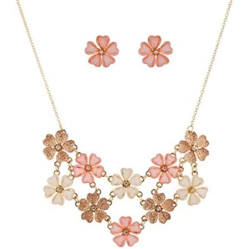 Lux Accessories Ivory Peach Glitter Flower Floral Statement Necklace Earring Set