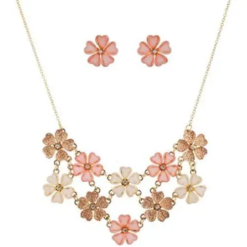 Lux Accessories Ivory Peach Glitter Flower Floral Statement Necklace Earring Set Lux Accessories Ivory Peach Glitter Flower Floral Statement Necklace Earring Set