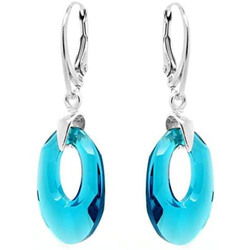Sterling Silver 925 Drop and Dangle Teal Blue Made with Swarovski Crystals Hoop Earrings for Women