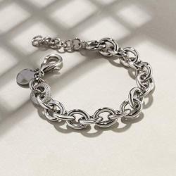 CIUNOFOR CZ Bracelet for Women Girls Wide Cuban Curb Oval Link Bracelet Silver Rose Gold Plated 9.5 Inches Stainless Steel Chain with Round Disc Charm
