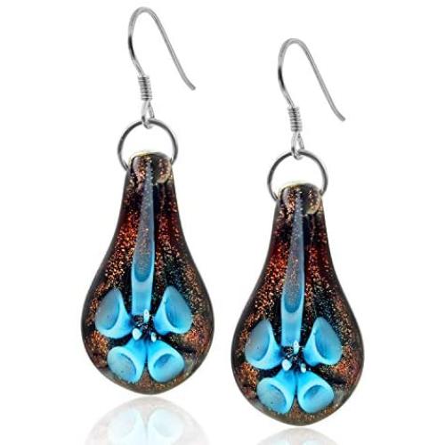 Handmade Murano Inspired Light Blue Flower Teardrop Glass Earrings by BESHEEK │Handcrafted Blown Hypoallergenic Artisan Lampwork Italian Style Jewelry