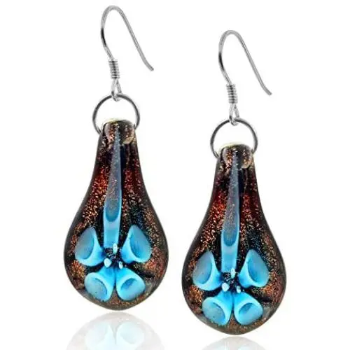 Handmade Murano Inspired Light Blue Flower Teardrop Glass Earrings by BESHEEK │Handcrafted Blown Hypoallergenic Artisan Lampwork Italian Style Jewelry Handmade Murano Inspired Light Blue Flower Teardrop Glass Earrings by BESHEEK │Handcrafted Blown Hypoallergenic Artisan Lampwork Italian Style Jewelry