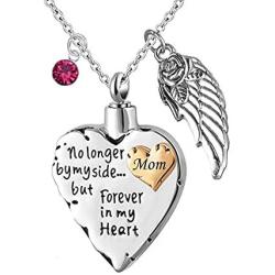 TGLS Jan-Dec Brithstone Heart Love Mom Urn Necklaces for Human Ashes Cremation Jewelry Angel Wing Charm Mother Memorial Pendant with Fill Kit