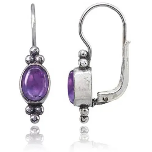 Sterling Silver Simulated Gemstone Oval Bezel-Set Bali Bead Leverback Drop Earrings Sterling Silver Simulated Gemstone Oval Bezel-Set Bali Bead Leverback Drop Earrings