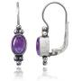 Sterling Silver Simulated Gemstone Oval Bezel-Set Bali Bead Leverback Drop Earrings