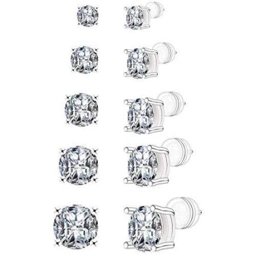 TIFMOCO Stud Earrings Set,5 Pairs Round Clear Cubic Zirconia Stud Earrings Pack Birthday Gilt for Women Girls