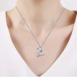 Jewelili Sterling Silver Natural White Round Diamond Heart Shape Pendant Necklace, 18'' Rope Chain