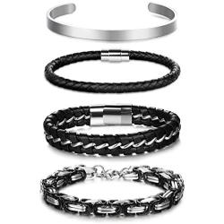 Thunaraz 4Pcs Stainless Steel Cuff Braided Leather Bracelets for Men Women Masculine Style Braided Link Wrist Band Cuff Bangle Bracelets,Mens Bracelet Jewelry Set