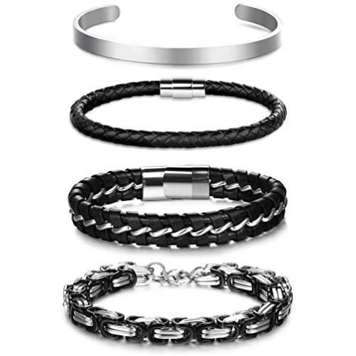 Thunaraz 4Pcs Stainless Steel Cuff Braided Leather Bracelets for Men Women Masculine Style Braided Link Wrist Band Cuff Bangle Bracelets,Mens Bracelet Jewelry Set