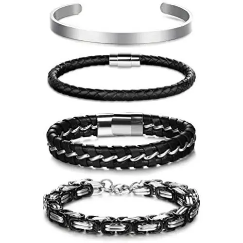 Thunaraz 4Pcs Stainless Steel Cuff Braided Leather Bracelets for Men Women Masculine Style Braided Link Wrist Band Cuff Bangle Bracelets,Mens Bracelet Jewelry Set Thunaraz 4Pcs Stainless Steel Cuff Braided Leather Bracelets for Men Women Masculine Style Braided Link Wrist Band Cuff Bangle Bracelets,Mens Bracelet Jewelry Set