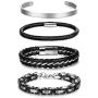 Thunaraz 4Pcs Stainless Steel Cuff Braided Leather Bracelets for Men Women Masculine Style Braided Link Wrist Band Cuff Bangle Bracelets,Mens Bracelet Jewelry Set