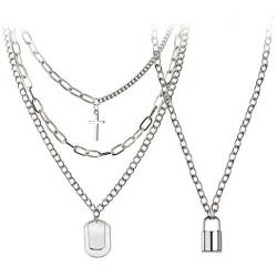 BVROSKI Chains Necklace for Eboy Egirl Men Male Emo Goth Women Teen Girls Boys,2 Layered Lock Key Pendants Necklaces Set,Stainless Steel Jewelry Pack for Pants Punk Play