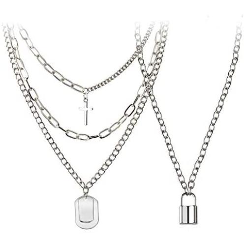 BVROSKI Chains Necklace for Eboy Egirl Men Male Emo Goth Women Teen Girls Boys,2 Layered Lock Key Pendants Necklaces Set,Stainless Steel Jewelry Pack for Pants Punk Play