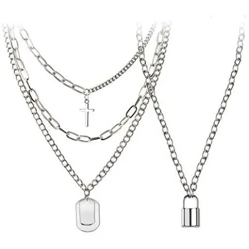 BVROSKI Chains Necklace for Eboy Egirl Men Male Emo Goth Women Teen Girls Boys,2 Layered Lock Key Pendants Necklaces Set,Stainless Steel Jewelry Pack for Pants Punk Play