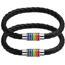 Nanafast Titanium Stainless Steel Magnet Rainbow LGBT Pride Handmade Braided Bracelet PU Leather Weave Plaited Jewelry