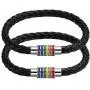 Nanafast Titanium Stainless Steel Magnet Rainbow LGBT Pride Handmade Braided Bracelet PU Leather Weave Plaited Jewelry