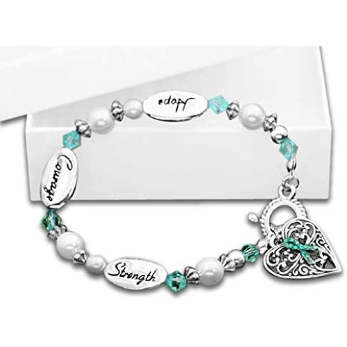 Fundraising For A Cause | Teal Ribbon Awareness ''Hope, Courage, Strength'' Bracelet - Jewelry for Ovarian Cancer, PTSD, Sexual Assault Awareness Gift-Giving (1 Bracelet)