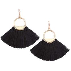 Solememo Gold Tone Lightweight Bohemian Ethnic Silky Thread Tassel Fringe Fan Shape Dangle Earring for Women Teen Girls