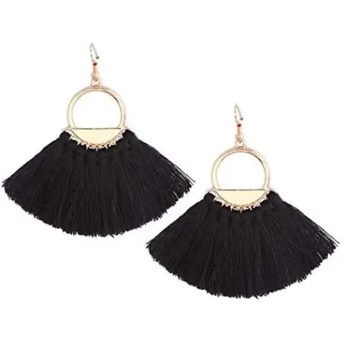 Solememo Gold Tone Lightweight Bohemian Ethnic Silky Thread Tassel Fringe Fan Shape Dangle Earring for Women Teen Girls