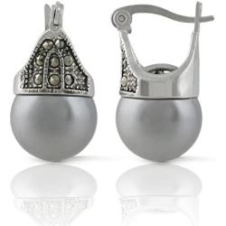 JanKuo Jewelry Rhodium Plated Gray Color Simulated Pearl Marcasite Earrings