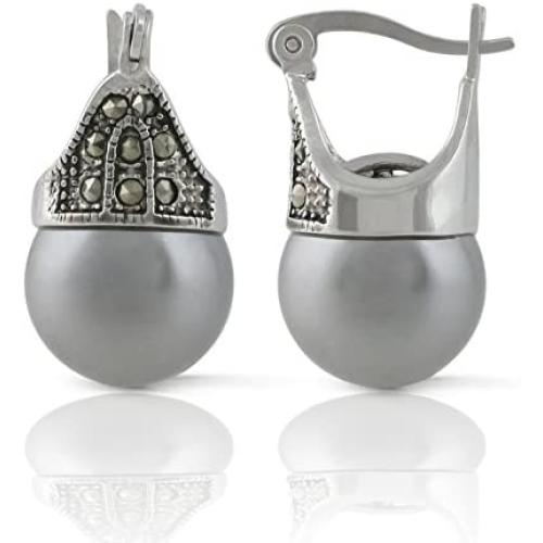 JanKuo Jewelry Rhodium Plated Gray Color Simulated Pearl Marcasite Earrings