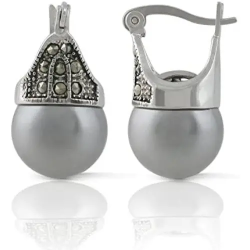 JanKuo Jewelry Rhodium Plated Gray Color Simulated Pearl Marcasite Earrings JanKuo Jewelry Rhodium Plated Gray Color Simulated Pearl Marcasite Earrings