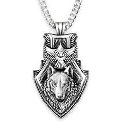 Wolf Necklace for Men, Eagle Wolf Shield Necklace, Norse Viking Wolf Head Pendant Necklace with 25.6” Chain, Vintage Celtic Wolf Totem Amulet Necklace, Punk Animal Wolf Jewelry Gift for Men Boys