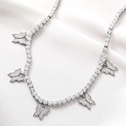 KissYan Butterfly Tennis Chain Necklace , 18K White Gold Plated Diamond Butterfly Tennis Choker Bling Iced CZ Butterfly Necklace Silver Gift for Women Girl