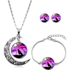 Hollow Crescent Moon Wolf Necklace Pendant Stud Earrings Vintage Time Gemstone New Moon Charm Bracelets for Women Girls Trendy Christmas Jewelry Set