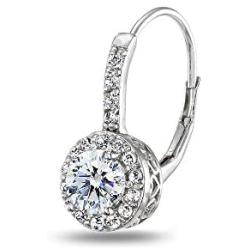 Sterling Silver Round Dainty Halo Leverback Earrings Made with Swarovski Zirconia