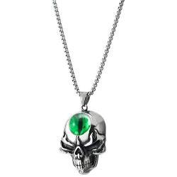 COOLSTEELANDBEYOND Mens Womens Steel Flame Skull Pendant Necklace with Green Resin Bead Evil Eye, 30 in Wheat Chain