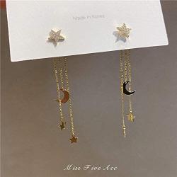 Exquisite Stars Moon Long Tassel Chain Drop Dangle Earrings 14K Gold Rhinestone Stars Rear Hanging Earring for Women Girls