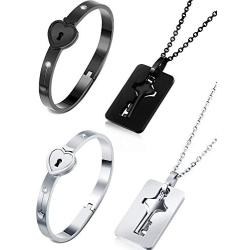 Hicarer 2 Sets Couple Heart Charm Lock Bracelet and Key Necklace Lock Matching Bangle Titanium Steel Couples Jewelry Set for Valentines Day Wedding Anniversary