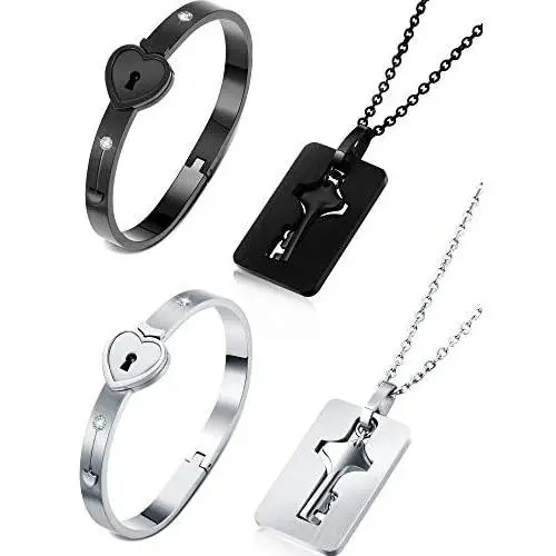 Hicarer 2 Sets Couple Heart Charm Lock Bracelet and Key Necklace Lock Matching Bangle Titanium Steel Couples Jewelry Set for Valentines Day Wedding Anniversary