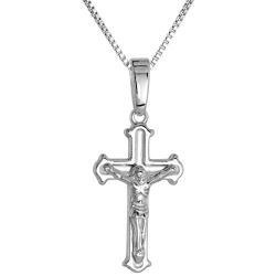 7/8 inch Sterling Silver Dainty Crucifix Necklace for Women and Men Solid Back Flawless High Polished Finish 0.8mm Box_Chain