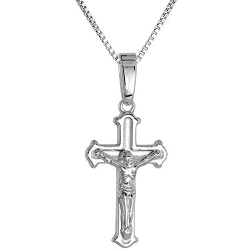 7/8 inch Sterling Silver Dainty Crucifix Necklace for Women and Men Solid Back Flawless High Polished Finish 0.8mm Box_Chain