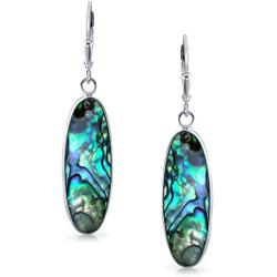 Rainbow Abalone Shell Natural Oval Shaped Drop Bezel Set Dangle Leverback Earrings For Women Teen 925 Sterling Silver