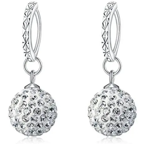 Mandio 925 Sterling Silver Crystal 10/12mm Disco Ball Earrings, Dangle Drop Earrings for Women/Girls