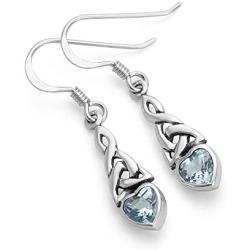 925 Sterling Silver Celtic Knot Gemstone Heart Drop Dangle Hook Earrings 1.29 inches