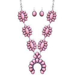 Vintage Squash Blossom Metal Statement Necklace/w Earrings Pink Version No.786P