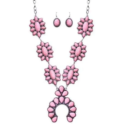 Vintage Squash Blossom Metal Statement Necklace/w Earrings Pink Version No.786P Vintage Squash Blossom Metal Statement Necklace/w Earrings Pink Version No.786P