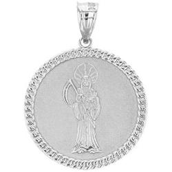 Skeleton Jewelry Sterling Silver Santa Muerte (Grim Reaper) Cuban Link Frame Round Medal Pendant