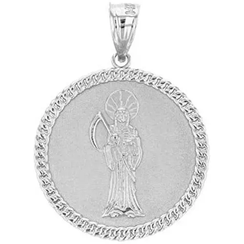 Skeleton Jewelry Sterling Silver Santa Muerte (Grim Reaper) Cuban Link Frame Round Medal Pendant Skeleton Jewelry Sterling Silver Santa Muerte (Grim Reaper) Cuban Link Frame Round Medal Pendant