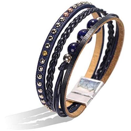 Leather Wrap Bracelet - Rope Braided Multilayer Leather Strand Bracelet Handmade Stone Beads Cuff Bangle Bracelets with Magnetic Clasp Fashion Gift for Women, Teen Girls (Brown)